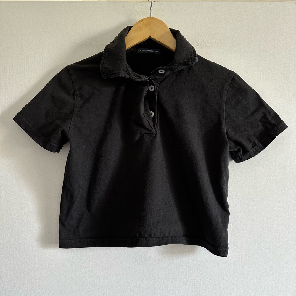 Brandy Melville Black Basics Neutral Cotton Cropped Polo Top size Small EUC